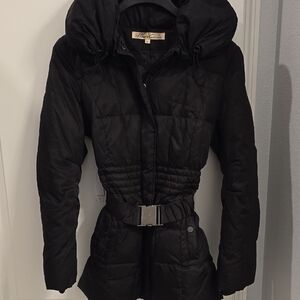 Kenneth Cole Black Hooded Puffer Coat with Belt